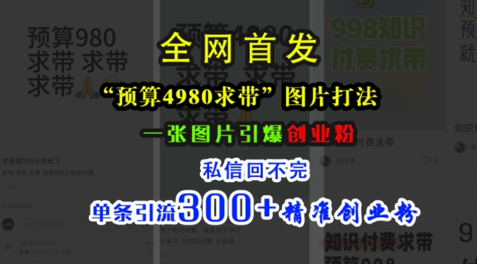 小红书“预算4980带我飞”图片打法，一张图片引爆创业粉，私信回不完，单条引流300+精准创业粉-北漠网络