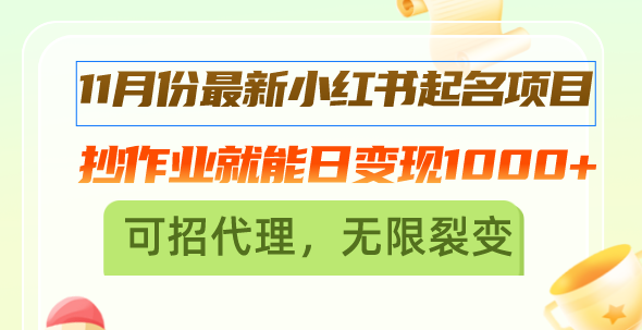 11月份最新小红书起名项目，抄作业就能日变现1000+，可招代理，无限裂变-北漠网络