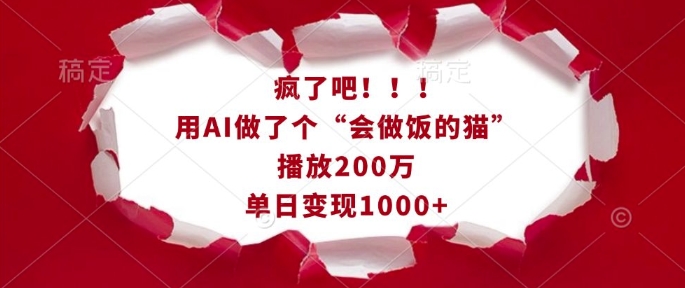 AI创造的“烹饪猫”视频爆红：200万播放量，单日收入突破1000元-北漠网络