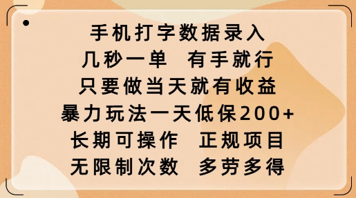 手机打字数据录入，几秒一单，有手就行，只要做当天就有收益，暴力玩法一天低保2张-北漠网络