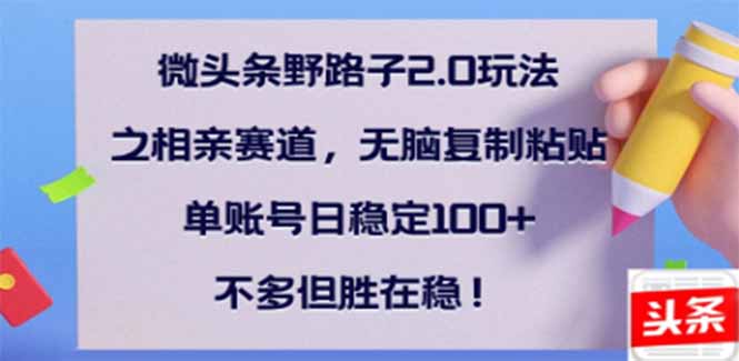 微头条野路子2.0玩法之相亲赛道，无脑搬砖复制粘贴，单账号日稳定300+…-北漠网络