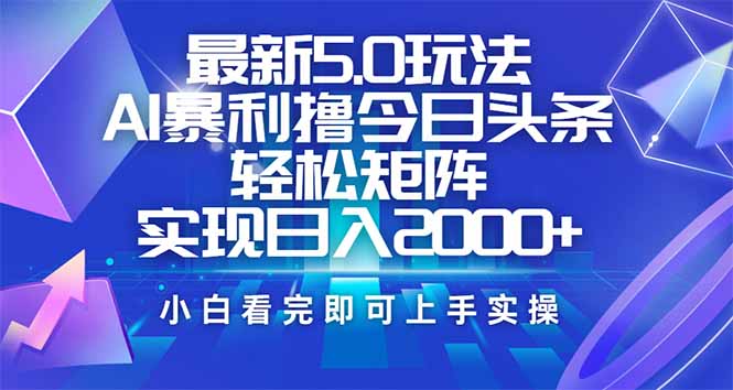 今日头条最新5.0玩法，思路简单，复制粘贴，轻松实现矩阵日入2000+-北漠网络