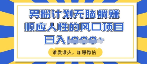 男粉计划无脑躺Z，顺应人性的风口项目，谁发谁火，加爆微信，日入多张-北漠网络