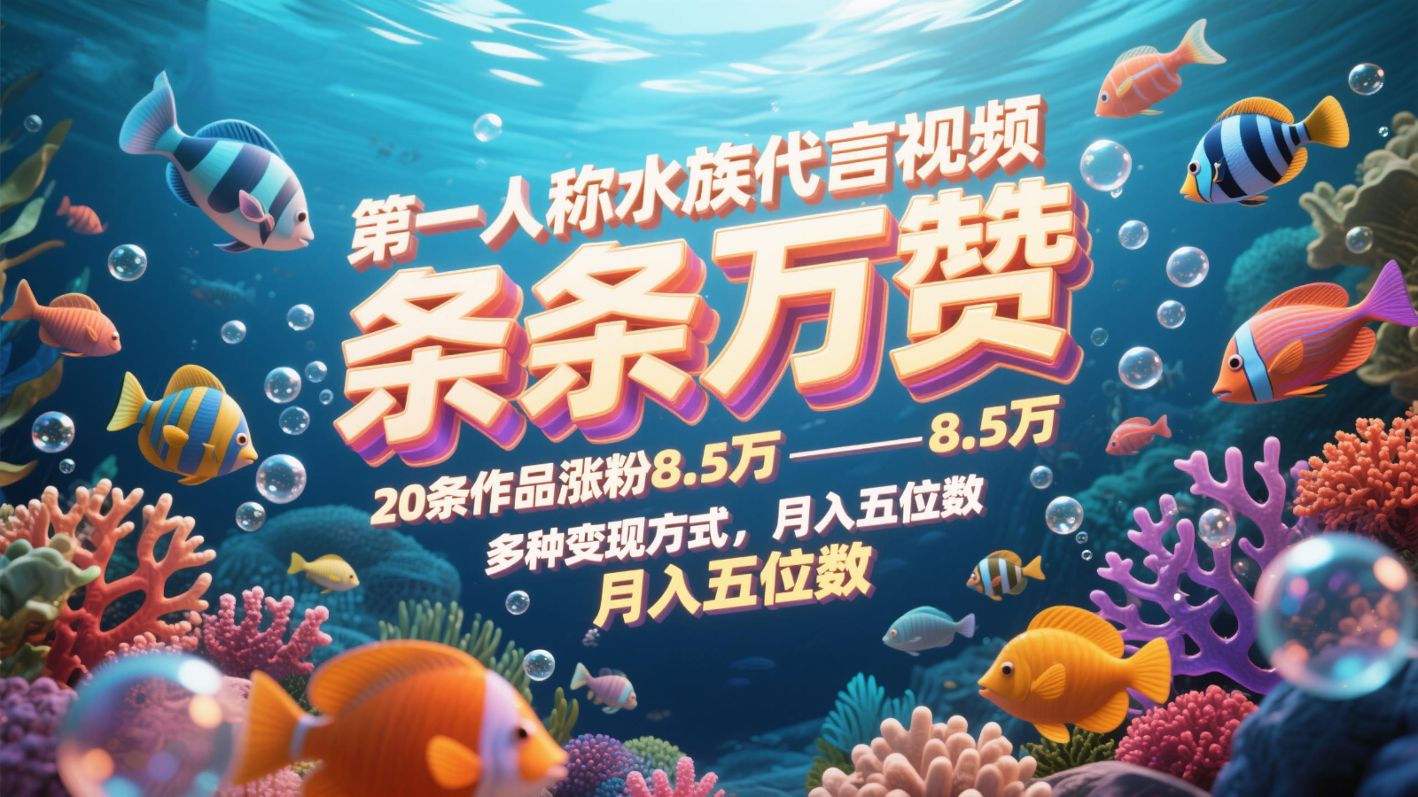 水族代言视频创作：20条作品带来8.5万粉丝，月入五位数的多种变现策略-北漠网络